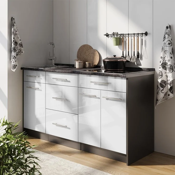 Küchenblock Fame-Line Weiß Hochglanz 150 cm, AP Marmor Vicco – Bild 2
