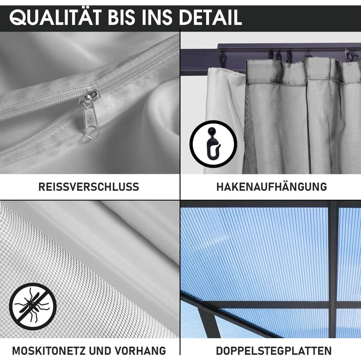 BRAST Pavillon Aluminium Pagode inkl. Moskitonetz, festes Dach, wasserdicht, stabil, UV-Schutz, 3,5x3,5 m, Hellgrau – Bild 5