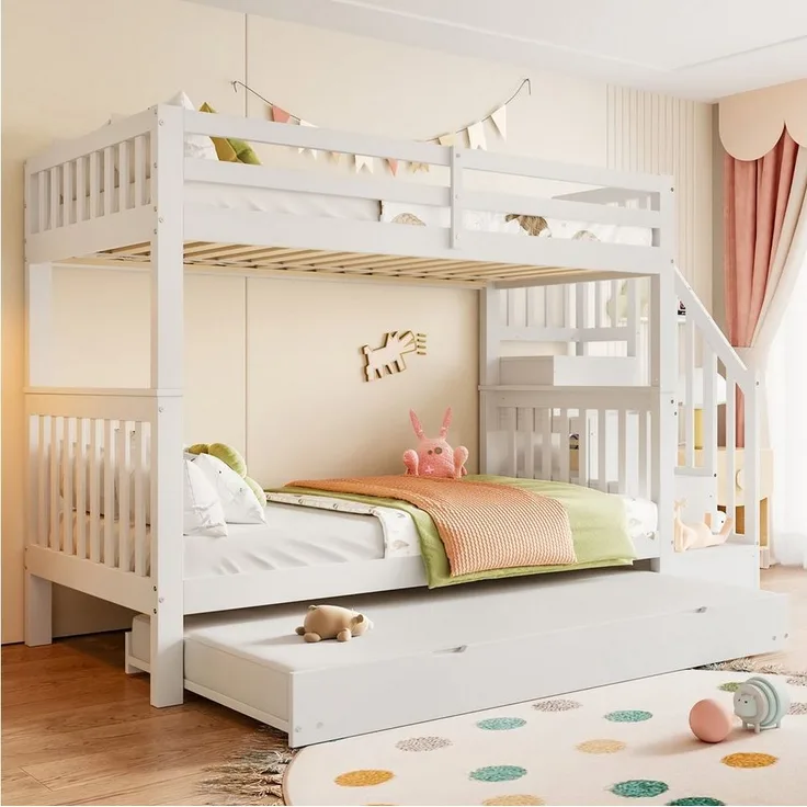 SOFTWEARY Etagenbett mit 3 Liegeflächen und Lattenrost (90x200 cm), Kinderbett mit Rausfallschutz, Treppe beidseitig montierbar, Kiefer