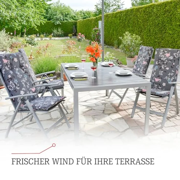 Beo Gartenstuhlauflagen Hochlehner 2er Set Barcelona | Made in EU nach Öko-Tex Standard | Hochlehner Auflagen waschbar | Atmungsaktive Stuhlauflagen Hochlehner mit Blumen in Grau-Schwarz-Weiß – Bild 8