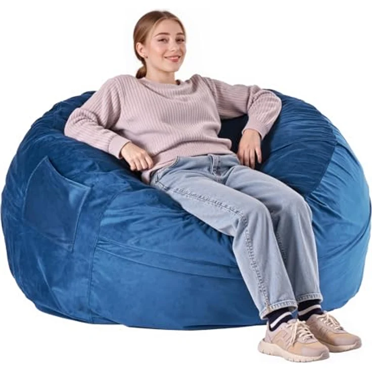 VEVOR runder Sitzsack Sitzkissen Bean Bag Erwachsene (1168 x 1168 x 635 mm) mit abnehmbarem & waschbarem Bezug, gefüllt mit niederländischem Samt & hochdichtem Schaumstoff, für Schlafzimmer Blau – Bild 10