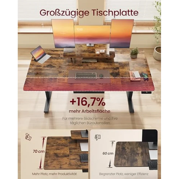 VASAGLE Höhenverstellbarer Schreibtisch, 140x70 cm, flexibel montierbarer Monitorständer, Schublade, USB-C-Anschluss, Erinnerung bei langem Sitzen, für Büro, vintagebraun LSD154KD01 – Bild 5