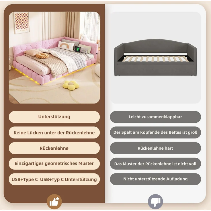 CHICFURN Bett aus Vliesimitat Rosa 140x200 cm mit LED-Beleuchtung und USB- und Type-C-Anschlüssen – Bild 6