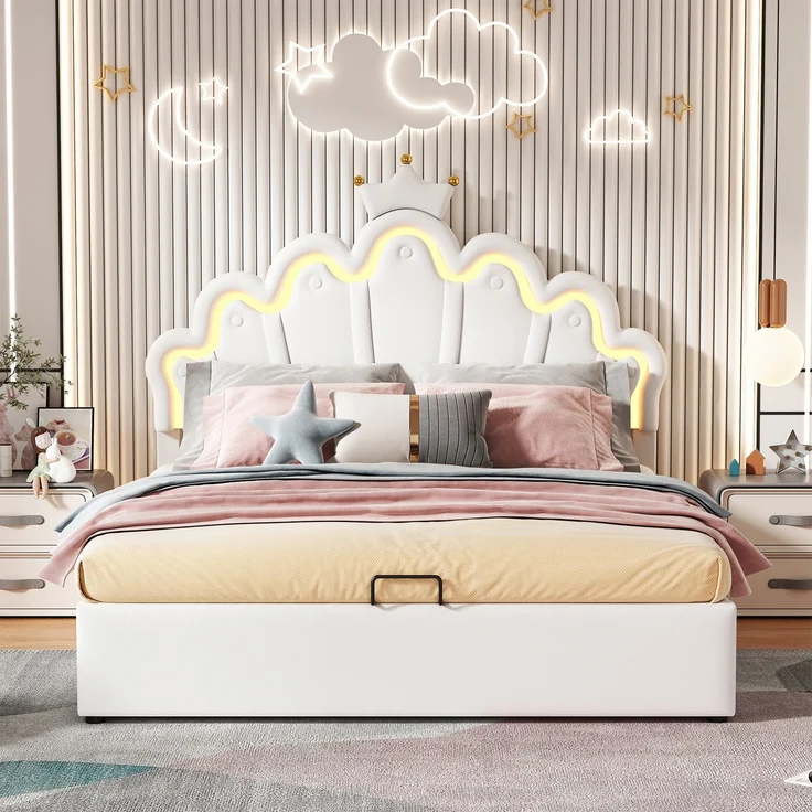 Prinzessinnenbett 140x200 cm, gepolstertes Bett mit LED-Beleuchtung und hydraulischem Stauraum, Kunstleder Weiß,mit Wolkenkopfteil und Krone – Bild 4