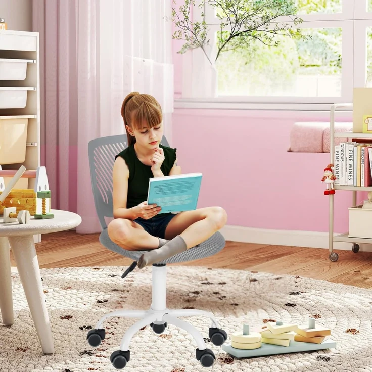 FurnitureR Kinder Schreibtischstuhl, höhenverstellbarer Drehstuhl mit kleinem Loch Rückenlehne Design, geeignet für Kinderzimmer oder Arbeitszimmer, grau