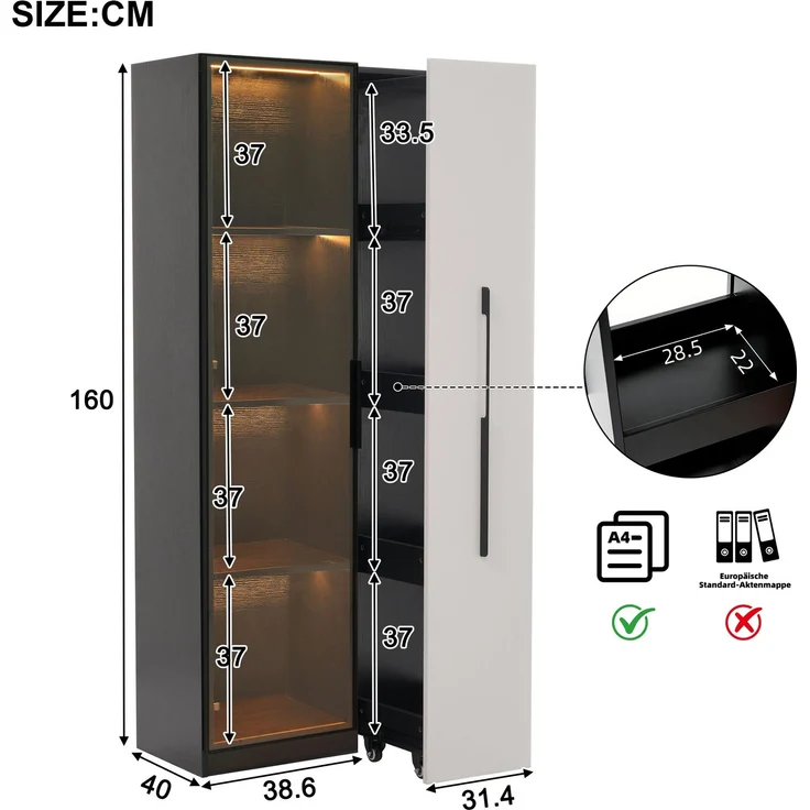 Vitrinenschrank 70x40x160 cm mit LED-Beleuchtung, Glasfront und seitlichem Auszug – Bild 5