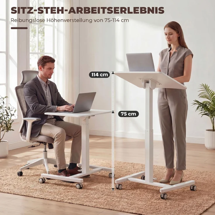 MELAYR, Höhenverstellbarer Stehschreibtisch, Rollbarer Schreibtisch mit neigbarer Tischplatte, 60.5 x 52 x 114 cm, Weiß – Bild 6