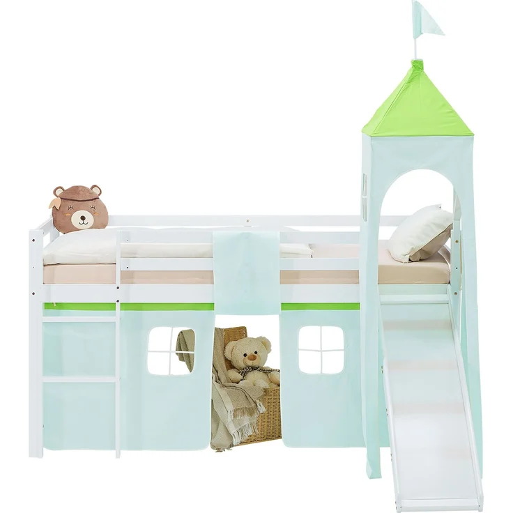 Hochbett Kinder 90x200 cm mit Rutsche Lattenrost Kinderbett Kinderhochbett Stockbett Vorhang Turm Grün – Bild 4