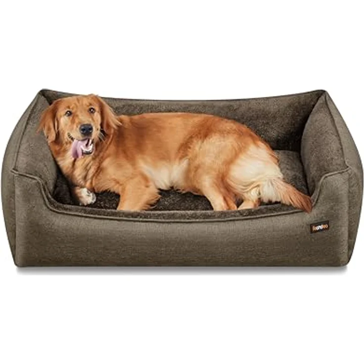 Feandrea Hundebett, Hundekissen in Leinenoptik, Hundekorb, erhöhte Ränder, rutschfeste Unterseite, Bezug abnehmbar waschbar, XL, für große Hunde, 110 x 75 x 27 cm, braun PGW12CC – Bild 2