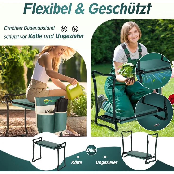 Sekey Höhenverstellbare Kniebank für Gartenarbeit Belastbarkeit 160KG, Gartenhocker Klappbar mit Werkzeugtaschen, Kniehilfe für Gartenarbeiten 60 * 50 * 28 cm, Grün (Standard) – Bild 6