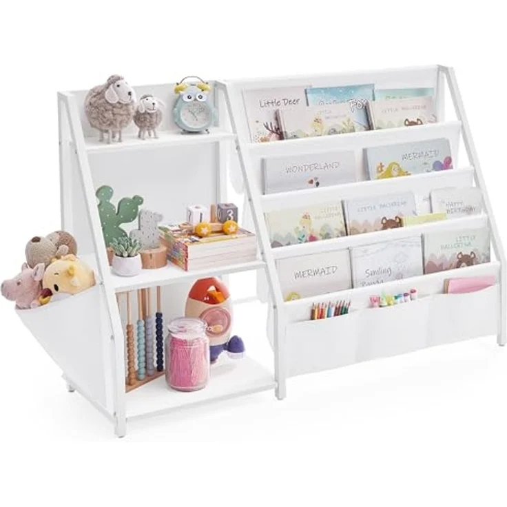 SONGMICS Bücherregal Kinder, mit Seitentasche, Stahl/Textil/Holz Weiß, 30 x 108,5 x 75 cm – Bild 1