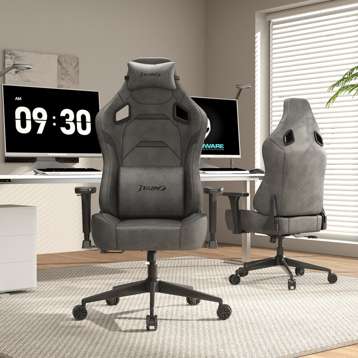 Gaming-Stuhl mit luxuriösem Wildlederimitat – ergonomisch, großzügige Sitzfläche, verstellbare Rückenlehne 90°–135°, 3D-Armlehnen,Grau – Bild 2