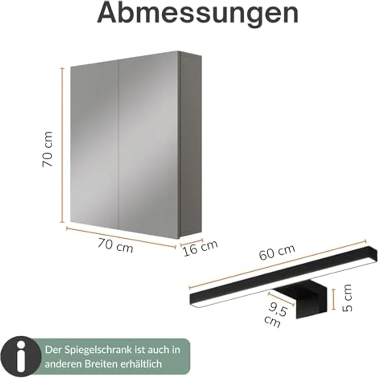 Planetmöbel ARIA Spiegelschrank Bad mit Beleuchtung 70 cm breit | Badschrank hängend mit Spiegel | Anthrazit, mit Leuchte und Steckdose, Spiegelschrank Gäste WC 70 x 70 x 16 cm – Bild 4