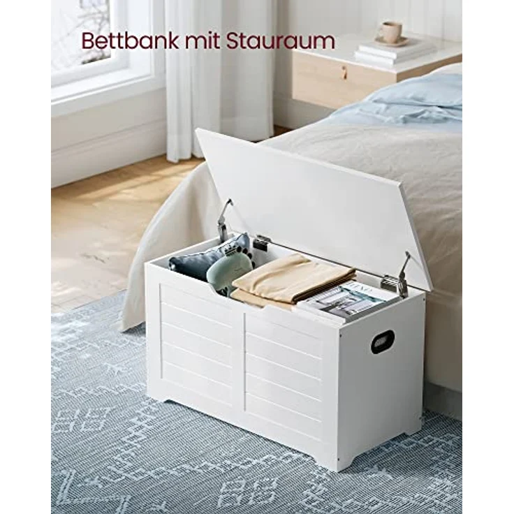 VASAGLE Schuhbank, Sitzbank mit Stauraum, Sitztruhe mit 2 Sicherheitsscharnieren, Aufbewahrungsschrank, Landhausstil, 40 x 80 x 46 cm, für Flur, Schlafzimmer, Wohnzimmer, wolkenweiß LSB063T14 – Bild 5