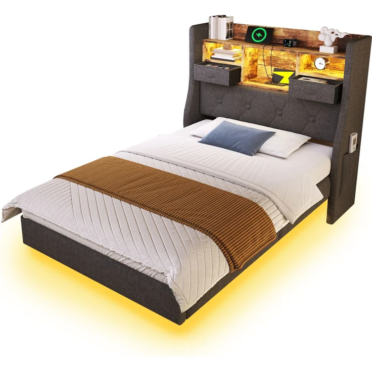Polsterbett 90x200 cm Schwebebett mit LED-Beleuchtung, Kopfteil und Ladestation(1 Type-C, 3 USB-Anschlüsse), Modern Einzelbett mit Stauraum-Kopfteil und lattenrost, Leinen, Grau(Ohne Matratze) – Bild 6