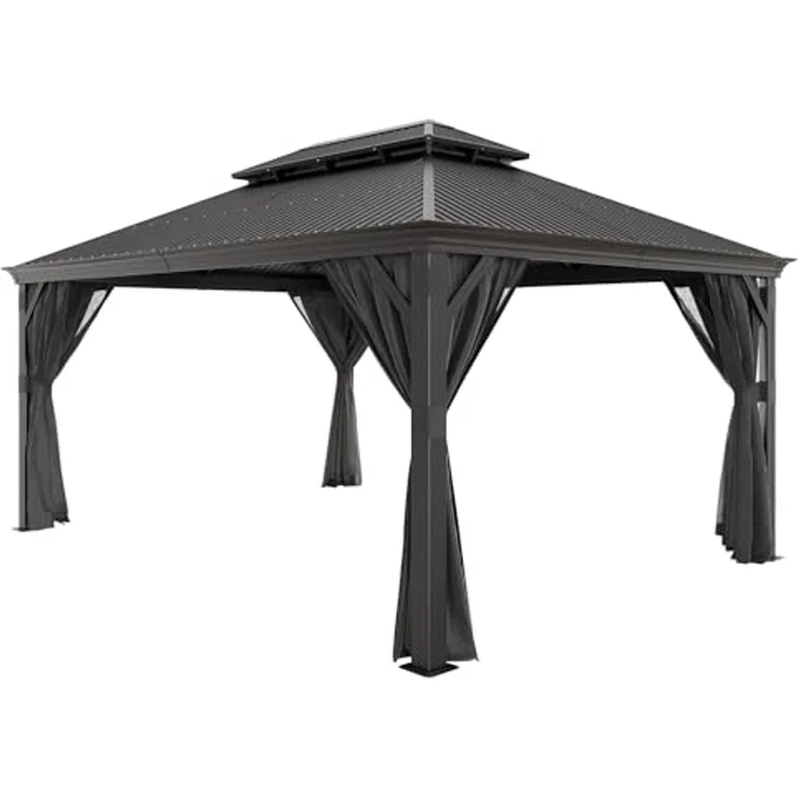 JUMMICO Pavillon 3,65x4,85 m Wasserdicht Stabil Winterfest,Hardtop Pavillion mit Doppeldach,Gartenpavillon mit Vorhängen und Moskitonetzen,Pavilion für Hinterhöfe, Gärten und Rasenflächen, Grau – Bild 7