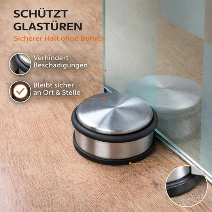 HRB Türstopper 4er Set, Edelstahl massiv - Schwerer Türstopper Boden 1,2 Kg/Stk, Door Stopper im modernen Design versehen mit Gummiring zum Schutz der Türen – Bild 4