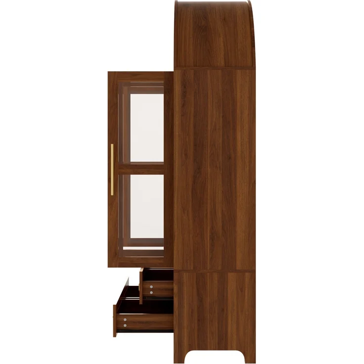 Flieks Vitrinenschrank, Hochschrank mit 3 Glastüren, 4 Schubladen & offener Bogennische, 110 x 40 x 185 cm, Walnussholzfarbe – Bild 7