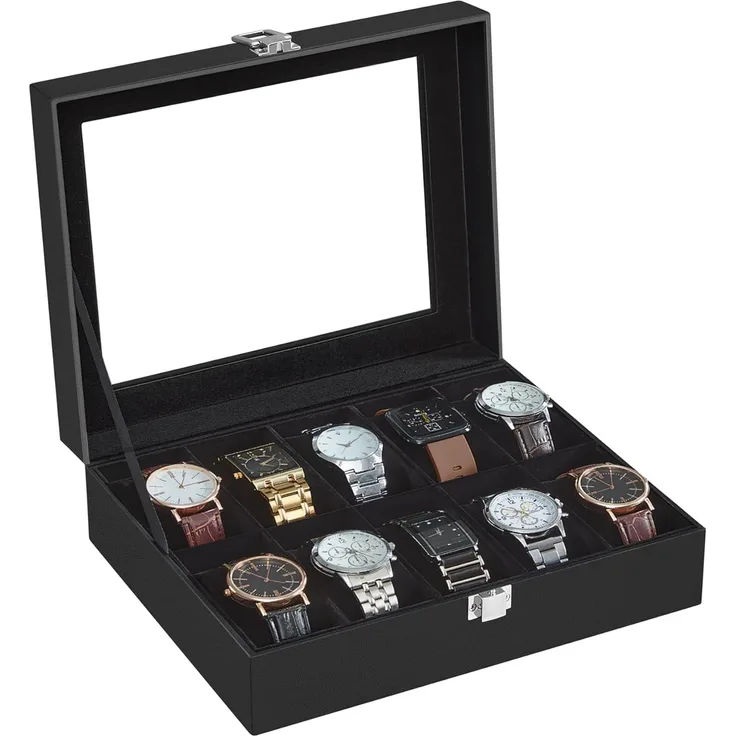 SONGMICS Uhrenbox mit 10 Fächern, Uhrenkasten, Glasdeckel, Uhrenkoffer, herausnehmbare Uhrenkissen, Metallverschluss, Geschenkidee, PU-Bezug in Schwarz, Innenfutter in Schwarz