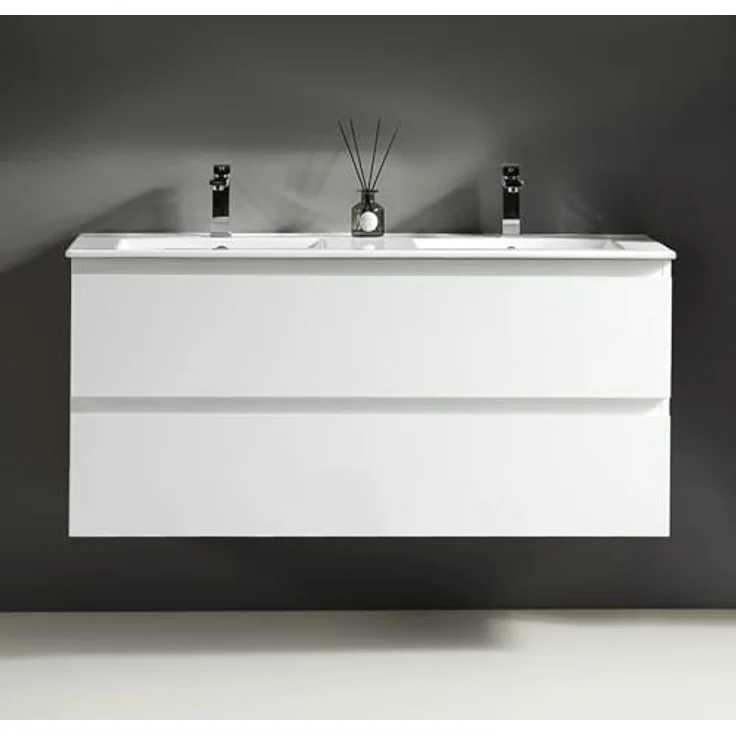Alpenberger Badezimmer-Set Badezimmer Möbel Badschrank - Doppelwaschbecken mit Unterschrank, (Moderner Waschplatz, Keramik Waschbecken mit Überlauf), Doppelwaschtisch 120 cm Breit – Weiß Glänzend – Bild 4