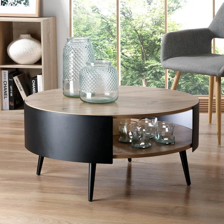 Casâme Runder Couchtisch mit 2 Ebenen und schwarzen Metallseiten Ø 80 cm - EKLO - Eiche – Bild 2