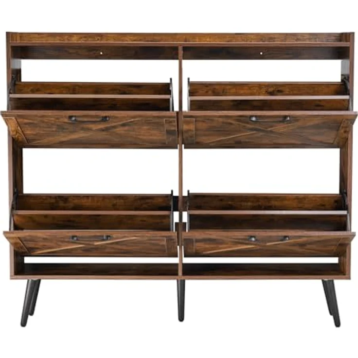 VEVOR Schuhschrank mit 4 Klappen & Kippschutz, platzsparender Schuhkipper, freistehender Schuhregal-Organizer für den Eingang Flur Wohnzimmer Veranda, Vintage Schuhregal 120 x 24 x 105 cm Braun – Bild 10