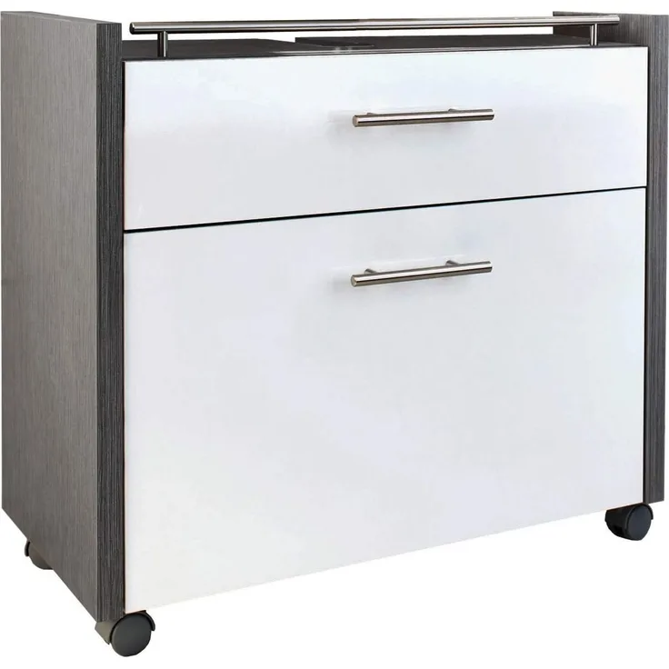 Schildmeyer Waschbeckenunterschrank 133074 Trient, 67 x 35 x 60,5 cm, weiß glanz / esche grau Dekor