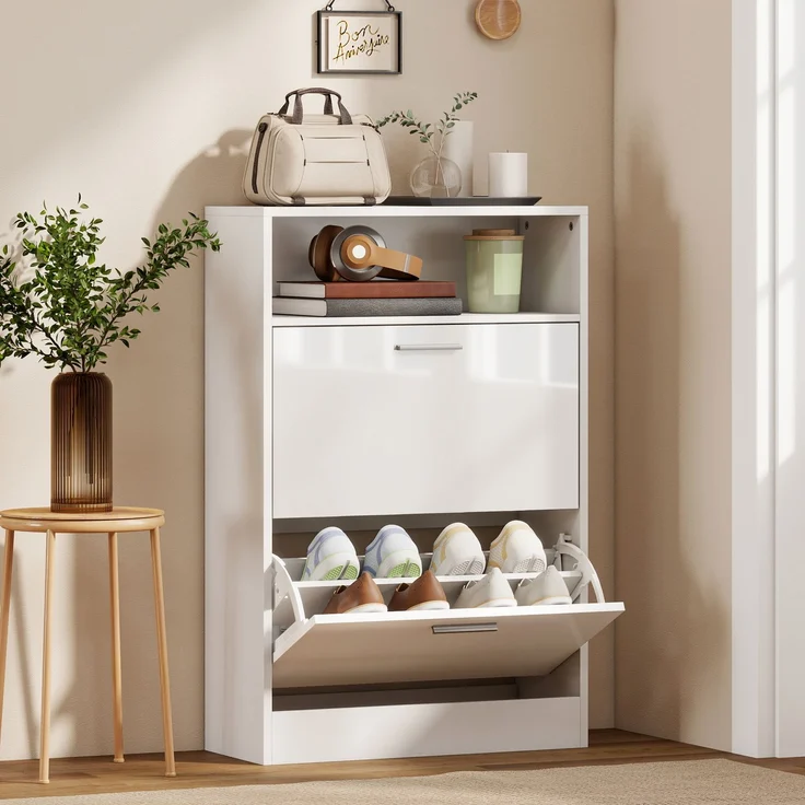 Schuhschrank für 8 Paar Schuhe, Schuhschrank, 2 Klappschubladen, verstellbare Einlegeböden und Fach, weiß – Bild 4