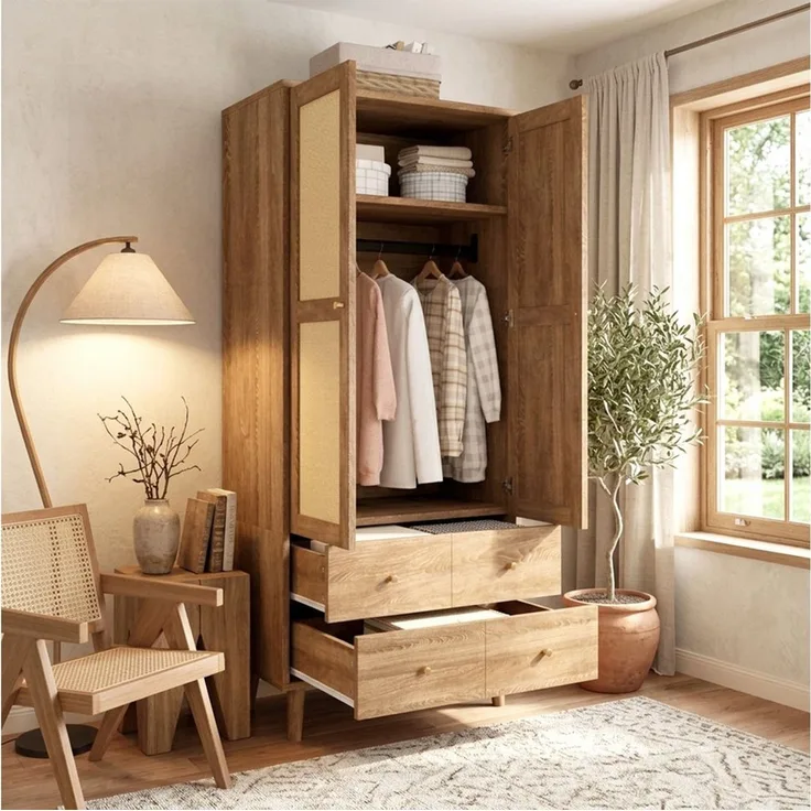 i@home Kleiderschrank Mehrzweckschrank,Garderobenschrank,mit Stauraum,80x50x180cm mit Rattan-Design,Kleiderstange,Ablagefächern,2 Schubladen,Braun