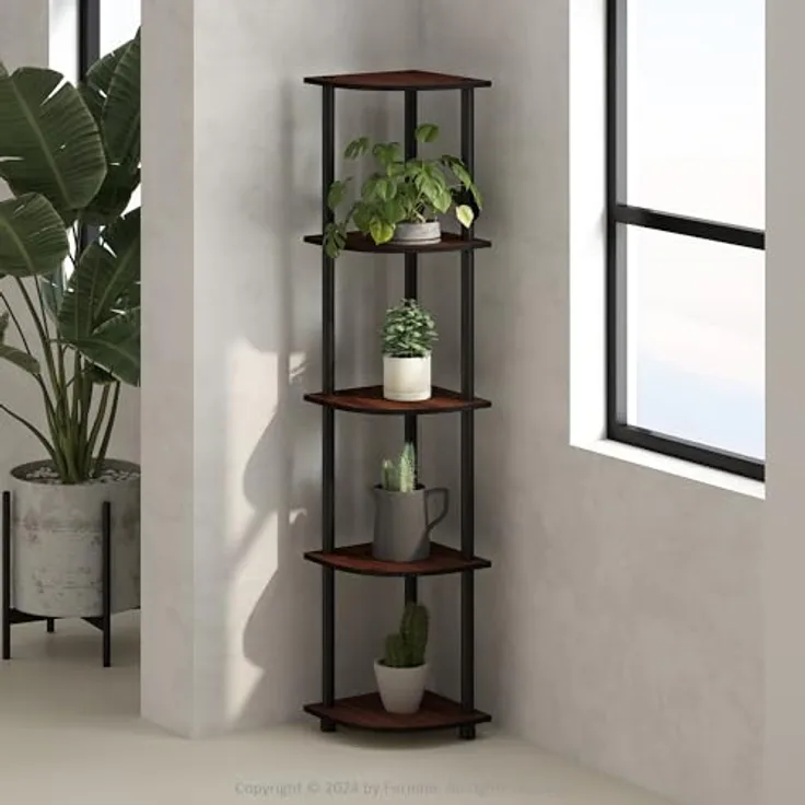 Furinno Turn-N-Tube Eckregal, 5-stufiges Eck-Bücherregal, offene Aufbewahrungsregale, für Organisation und Aufbewahrung, Wohnzimmer, Home Office, Garage, Schlafzimmer, Dunkle Kirsche