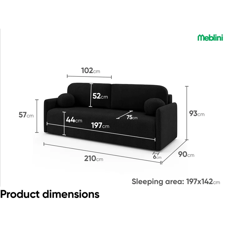 MEBLINI Sofa mit Schlaffunktion - ANAKIN - 210x90x93cm – Schwarz Boucle – Schlafcouch Ausziehbar - Schlafsofa mit Bettkasten - Sofabett - Couch mit Schlaffunktion – Klappsofa – Bild 7