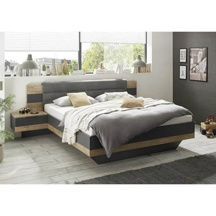 Bettanlage >LINEA< in Bartex Eiche / Graphit - 296x97x210cm (BxHxT) – Bild 2