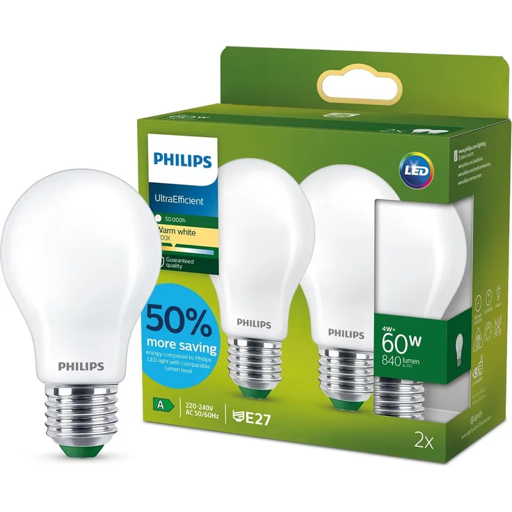 Philips Classic ultraeffiziente E27 LED Lampe, 60W, matt, warmweiß, Doppelpack