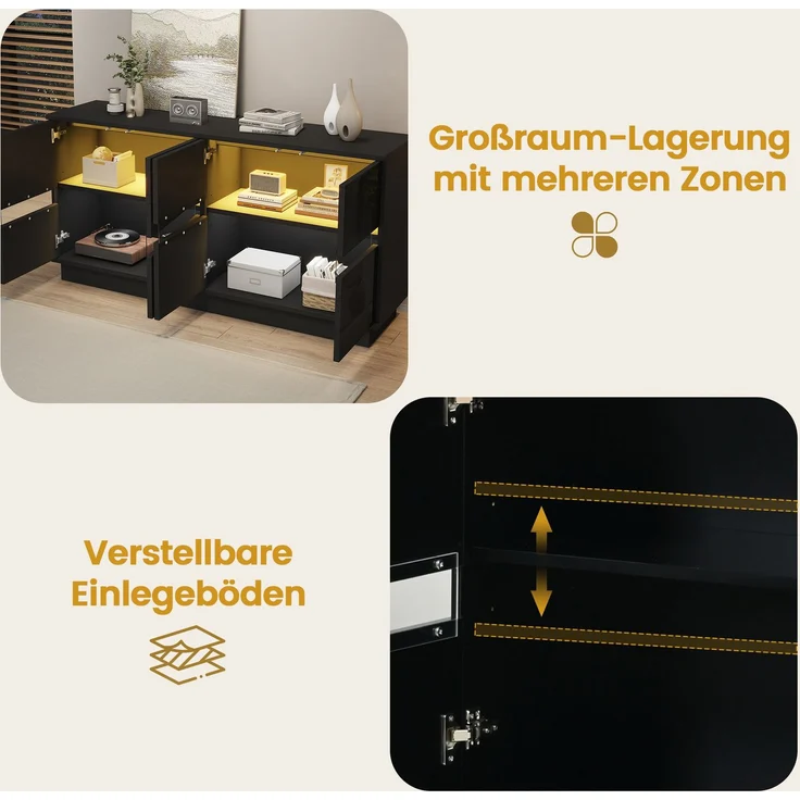 ZUBALIYA Sideboard 140x35x70 cm, mit LED-Beleuchtung, Hochglanz, mit 4 Türen, aus Spanplatte, Schwarz – Bild 6