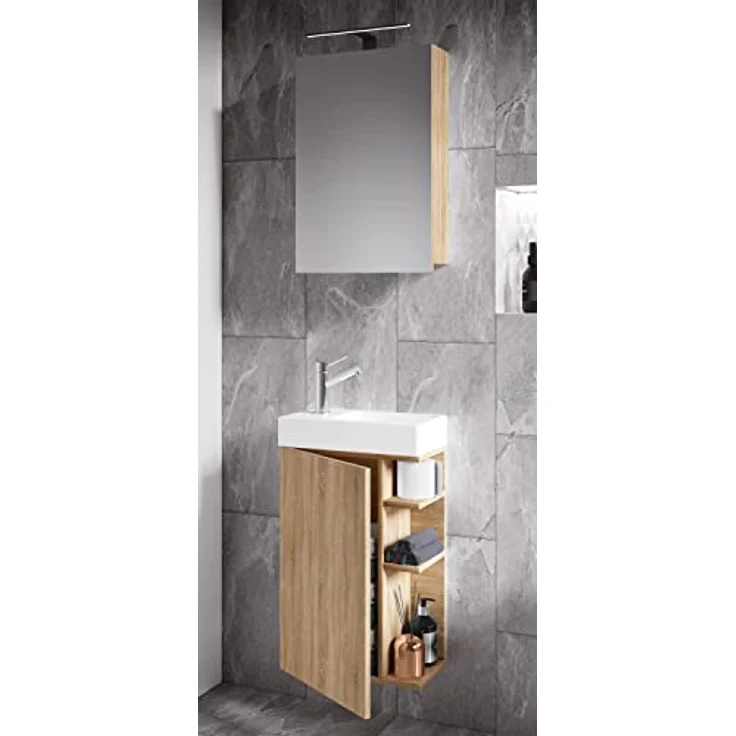 VCM Waschplatzset Lumia, 3-tlg. Badmöbelset für Gäste WC mit Keramikwaschbecken und Spiegelschrank, schmal 70x40x22 cm – Bild 2