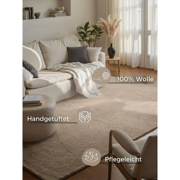 HANSE Home Wollteppich Calmio, auch als Läufer und in rund, rechteckig, Höhe: 18 mm, Handgetuftet, Wolle, Natur, Wohnzimmer, Schlafzimmer, Skandi, Hygge – Bild 3