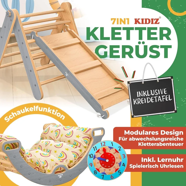 KIDIZ® Klettergerüst Montessori 7in1 Spiel-Set mit Kletterbogen Rutsche Kletterdreieck aus Holz inklusive Kissen, Tafel & Lern-Uhr | Indoor Spielplatz für Kleinkinder ab 1 Jahr & Kinder bis 3 Jahre Grau / Hellbraun – Bild 2