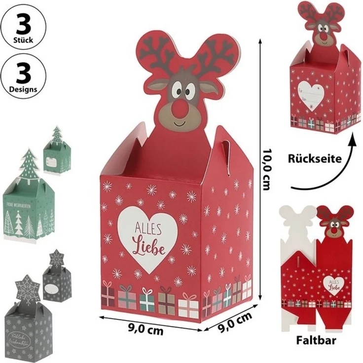CEPEWA Geschenkbox Süßigkeitenbox 3er Set Weihnachtsmotive Papier 8,5x10x8,5cm Schachtel – Bild 4