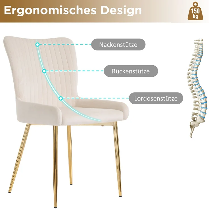 Esszimmerstuhl 4er-Set, Samt mit Metallgestell, 85x43x47, Beige/Gold, 150 kg pro Stuhl – Bild 7