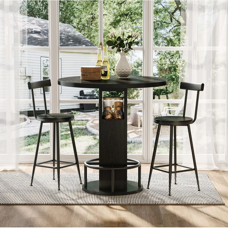 Bartisch-Set Ø 80 cm mit 2 Hockern – runder Esstisch aus Spanplatte und Stahl in Schwarz – Bild 3