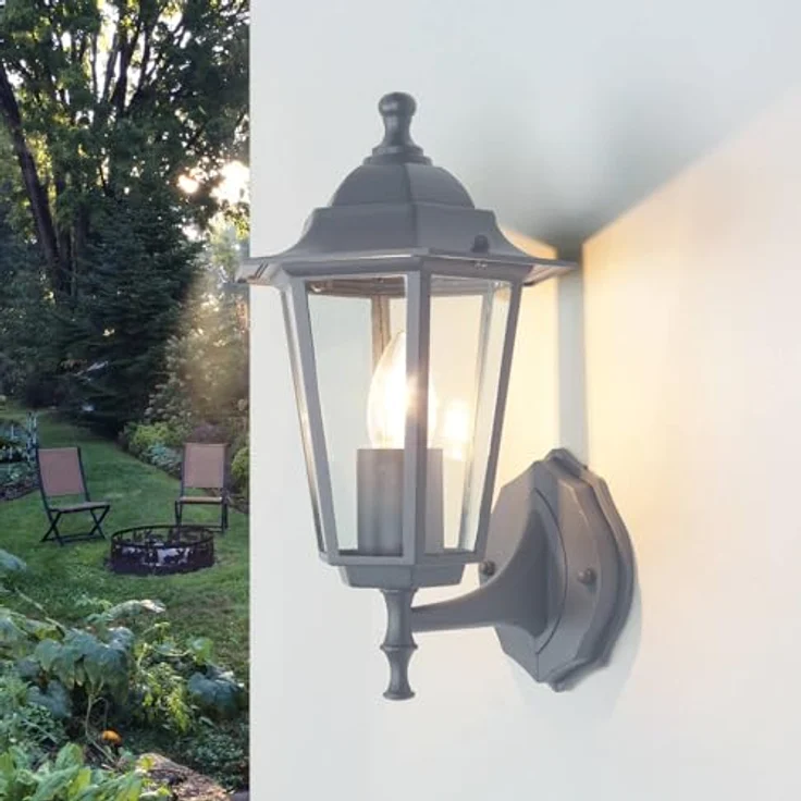 Licht-Erlebnisse PARIS, Nostalgische Außenlampe für die Wand, Dunkelgrau, IP44, E27 Fassung, Höhe 36 cm, rustikales Design mit klarem Glas Schirm – Bild 1