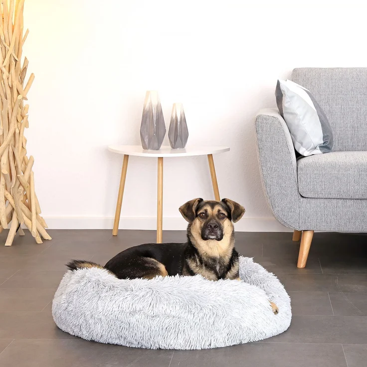 lionto Donut Hundebett, rundes Hundesofa mit Plüschbezug & Anti-Rutsch-Noppen, weich & gemütlich, 70 cm Durchmesser, hellgrau – Bild 2