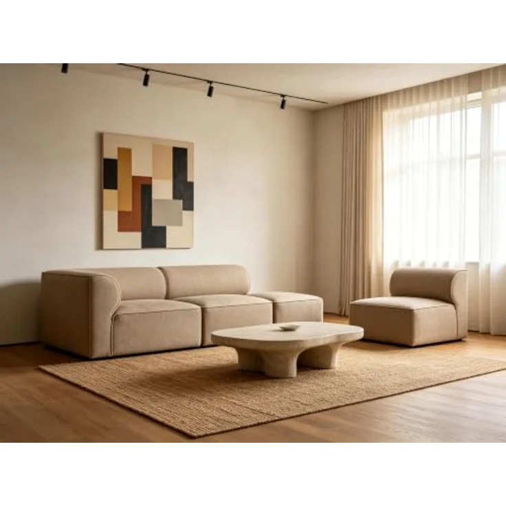 Tatyana Modulsofa Warm-Khaki mit Eckmodul, Sitzmodul & Fußhocker, Massivholzrahmen – Bild 6