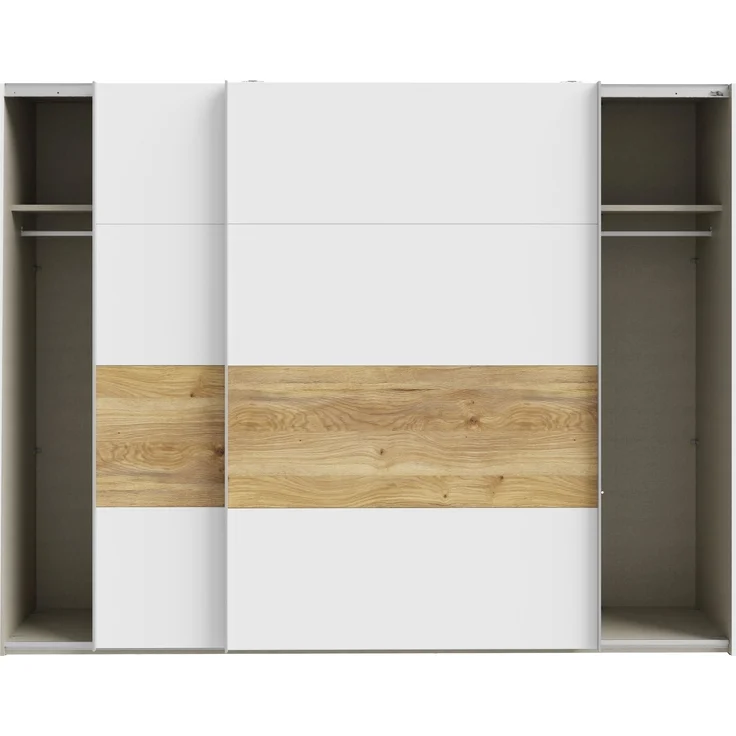 Schiebetürenschrank >MAYACUS< 3 Stangen, 3 Böden, weiß, Eiche Dekor - 269,9x210,5x61,2cm (BxHxT) – Bild 4