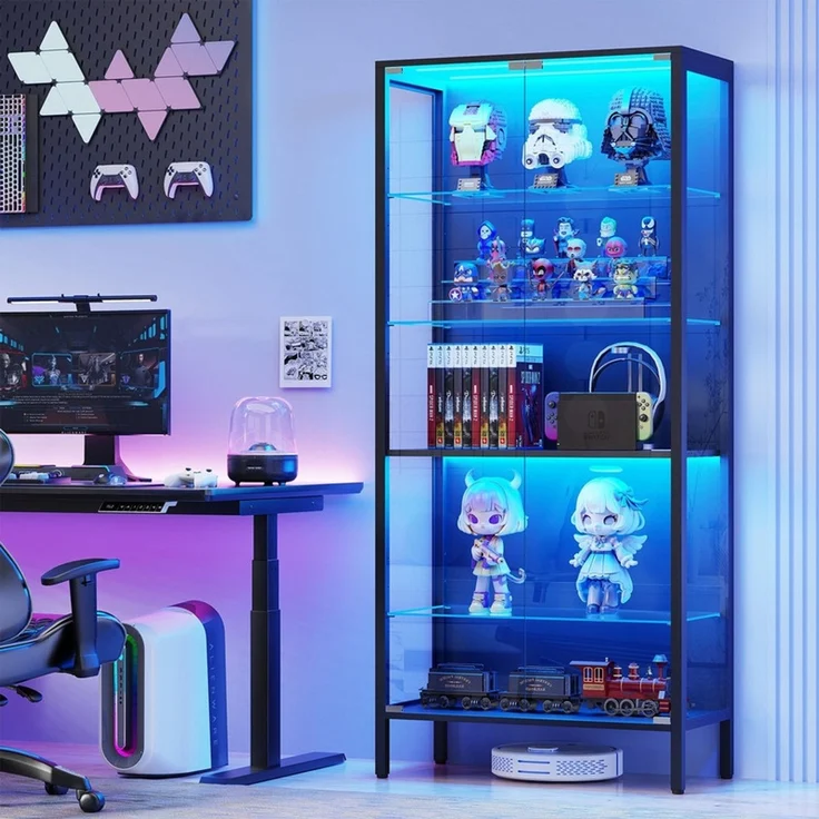 Glasvitrine 75x35x162.5 cm, 5-stöckige Vitrine mit LED-Beleuchtung, verstellbaren Glasböden und Sensor, Schwarz – Bild 6
