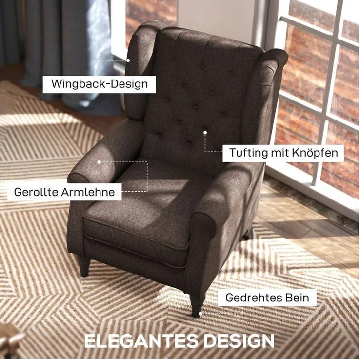 HOMCOM Sessel Einzelsessel, Akzentsessel mit Tufting Holzfüße (Ohrensessel, 1-St, Relaxsessel), für Wohnzimmer, Braun – Bild 3