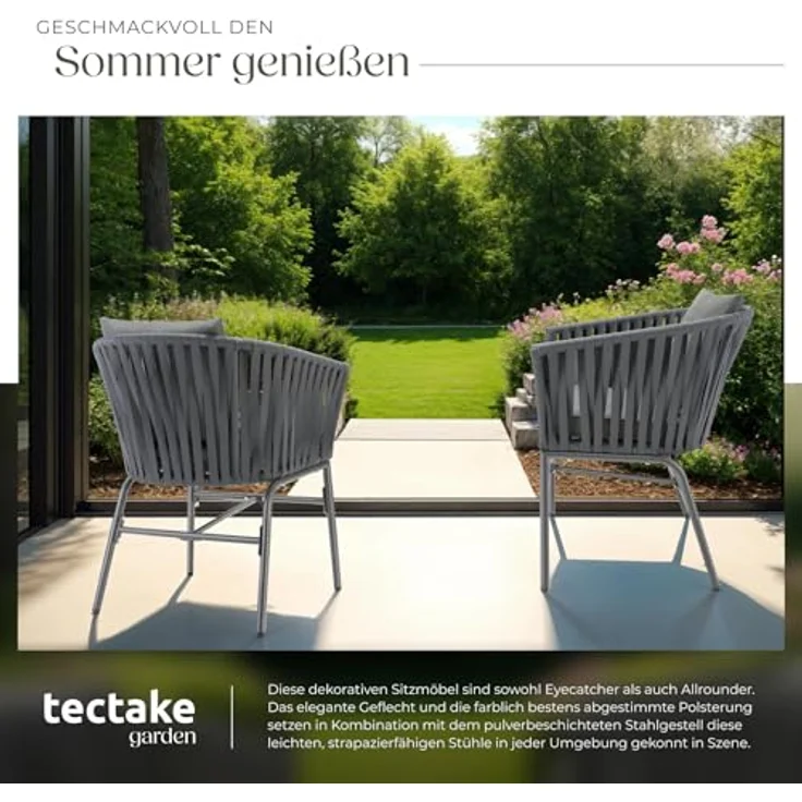 tectake® Gartenstühle Set, Geflecht-Stuhl, Gartenstuhl Rope, Stühle Outdoor, Balkon Sessel, Terrassenmöbel mit Sitzpolster und Kissen für Garten, als Terrassenstuhl, Gartensessel - 2er Set – Bild 7