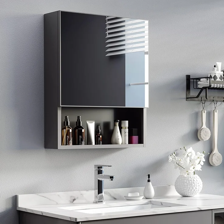 Kleankin Spiegelschrank Badezimmerschrank mit Spiegeltür 2 Innenböden und 1 offenem Regal (Badschrank, 1-St, Hängeschrank) Edelstahl, Glas, Schwarz, 46 x 13,5 x 58 cm – Bild 1
