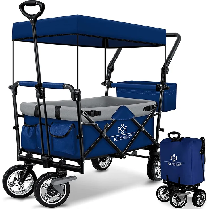KESSER® Bollerwagen faltbar GT9000 mit Dach Handwagen Transportwagen, inkl. 2x 3-Punkt Gurtsystem, Vollgummi-Reifen, Vorder- und Hinter-Bremse, Tragetasche Blau/Grau