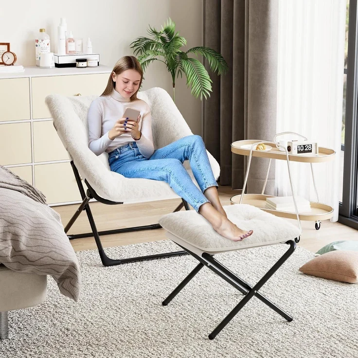 Sessel Klappbar Fußhocker Lesesessel Wohnzimmer Jugendliche Beige – Bild 8
